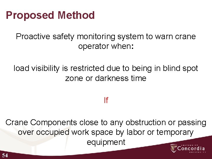 Proposed Method Proactive safety monitoring system to warn crane operator when: load visibility is