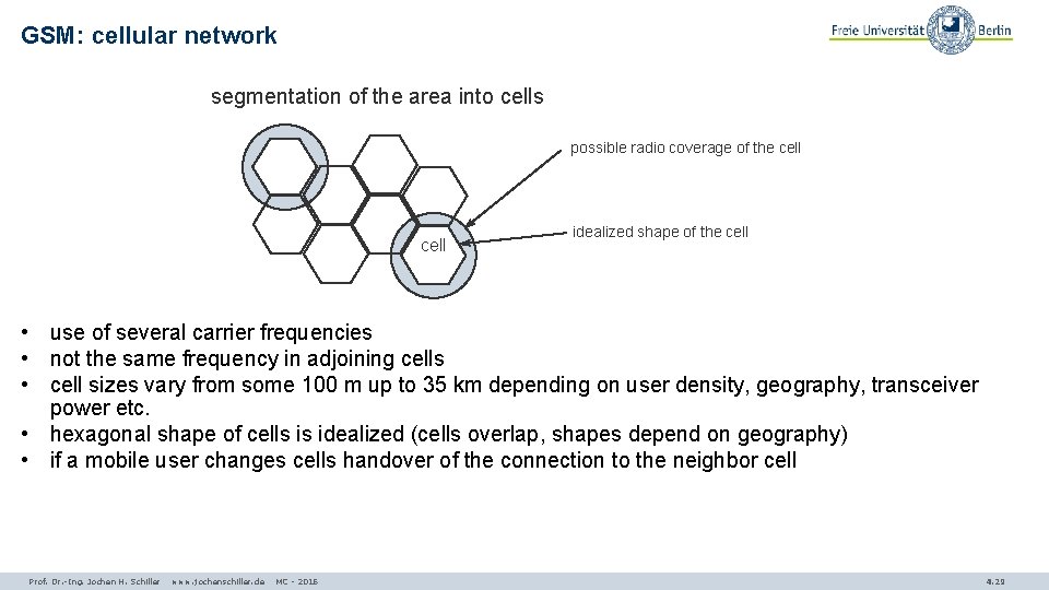 GSM: cellular network segmentation of the area into cells possible radio coverage of the