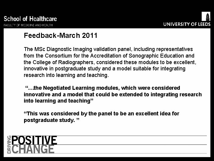 Feedback-March 2011 The MSc Diagnostic Imaging validation panel, including representatives from the Consortium for