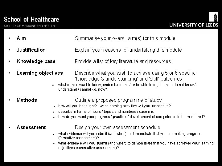  • Aim Summarise your overall aim(s) for this module • Justification Explain your