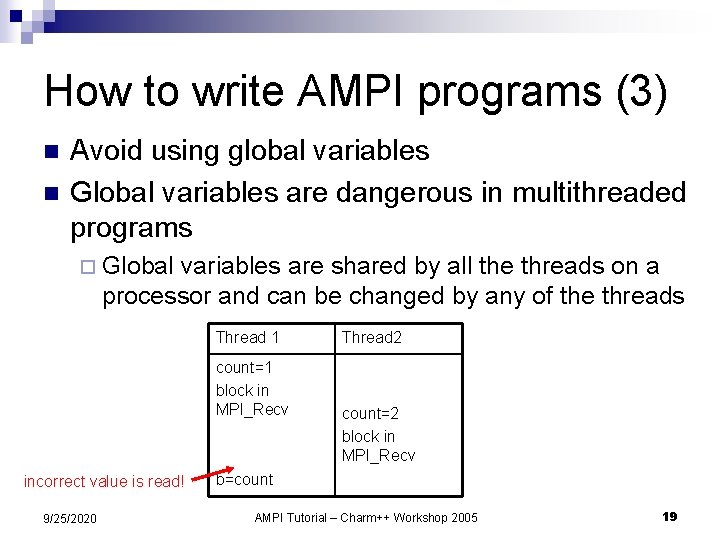 How to write AMPI programs (3) n n Avoid using global variables Global variables