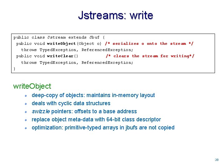 Jstreams: write public class Jstream extends Jbuf { public void write. Object(Object o) /*