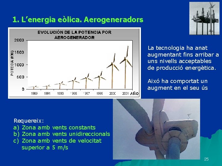 1. L’energia eòlica. Aerogeneradors La tecnologia ha anat augmentant fins arribar a uns nivells