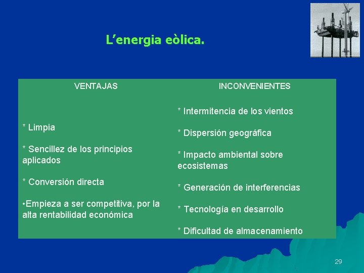 L’energia eòlica. VENTAJAS INCONVENIENTES * Intermitencia de los vientos * Limpia * Sencillez de