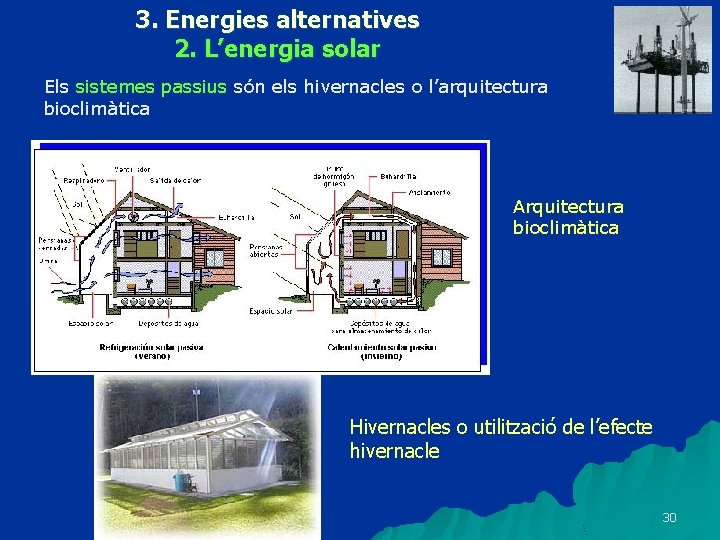 3. Energies alternatives 2. L’energia solar Els sistemes passius són els hivernacles o l’arquitectura