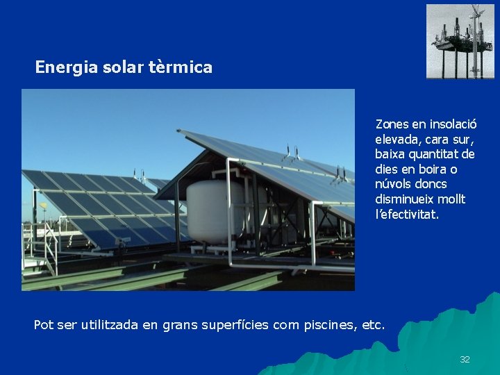 Energia solar tèrmica Zones en insolació elevada, cara sur, baixa quantitat de dies en