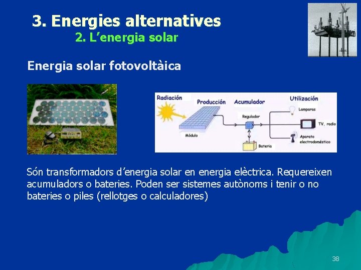 3. Energies alternatives 2. L’energia solar Energia solar fotovoltàica Són transformadors d’energia solar en