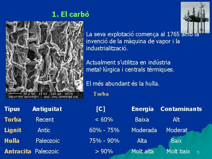 1. El carbó La seva explotació comença al 1765 amb la invenció de la