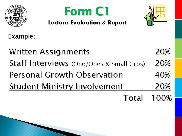 Form C 1 Lecture Evaluation & Report Example: Written Assignments 20% Staff Interviews (One/Ones