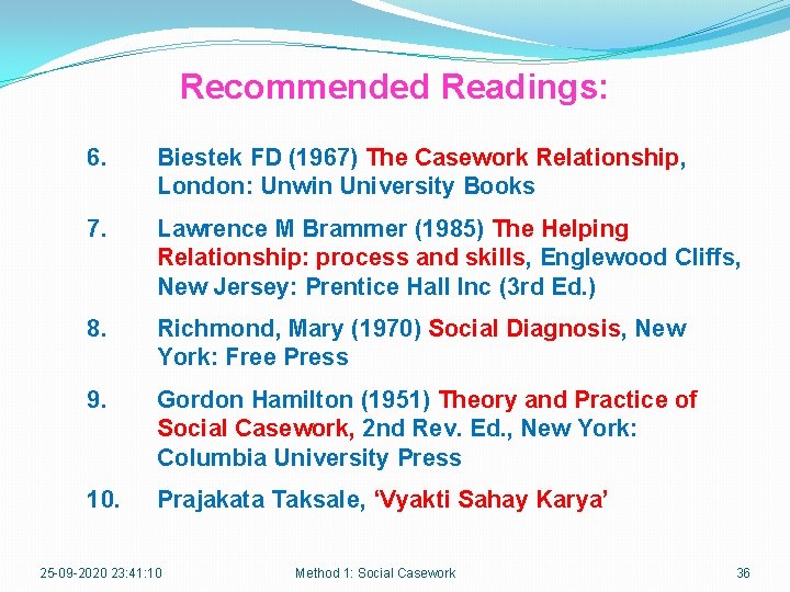 Recommended Readings: 6. Biestek FD (1967) The Casework Relationship, London: Unwin University Books 7.