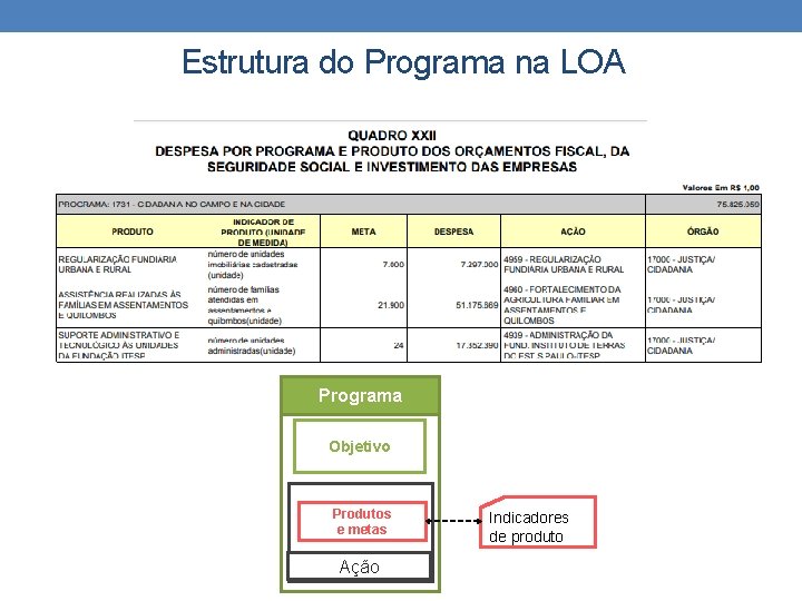 Estrutura do Programa na LOA Programa Objetivo Produtos e metas Ação Indicadores de produto