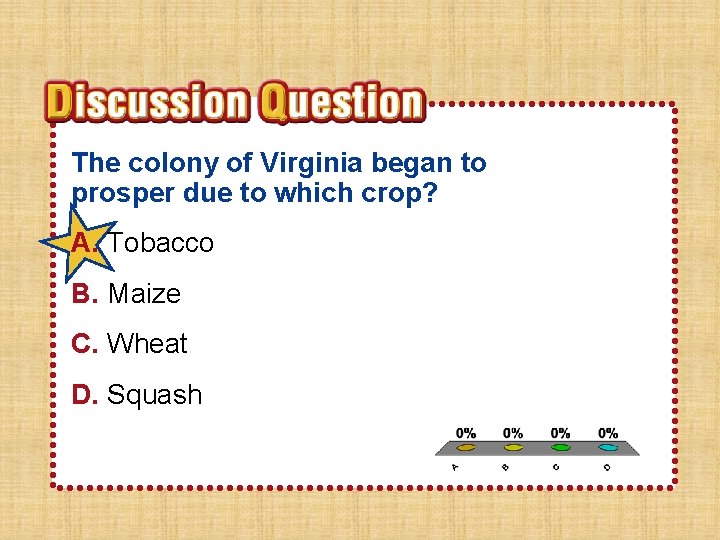 The colony of Virginia began to prosper due to which crop? A. Tobacco B.