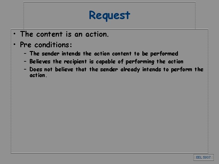 Request • The content is an action. • Pre conditions: – The sender intends