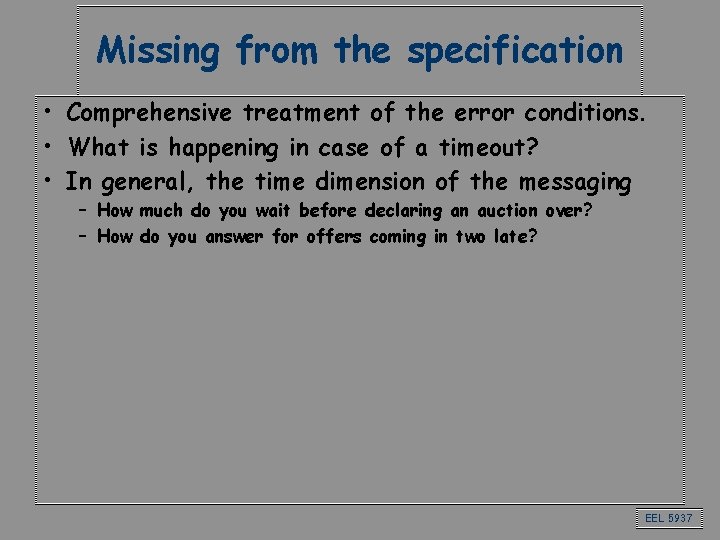 Missing from the specification • Comprehensive treatment of the error conditions. • What is