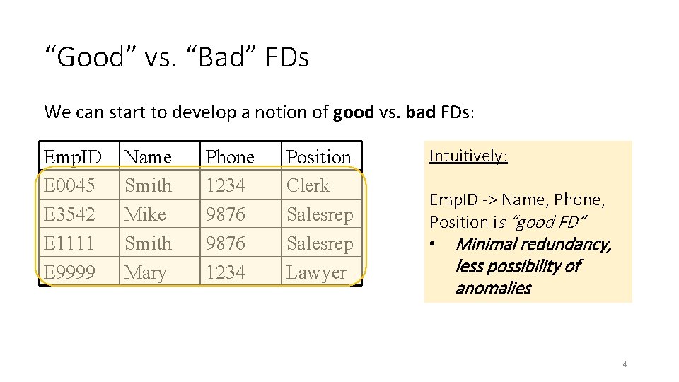 “Good” vs. “Bad” FDs We can start to develop a notion of good vs. “Good” vs. “Bad” FDs We can start to develop a notion of good vs.