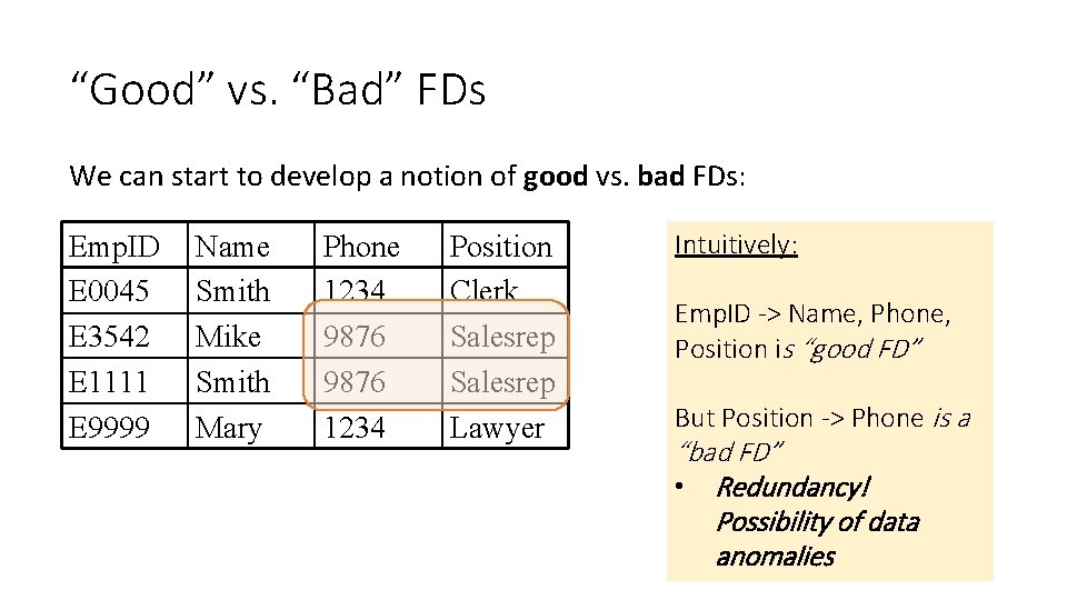 “Good” vs. “Bad” FDs We can start to develop a notion of good vs. “Good” vs. “Bad” FDs We can start to develop a notion of good vs.