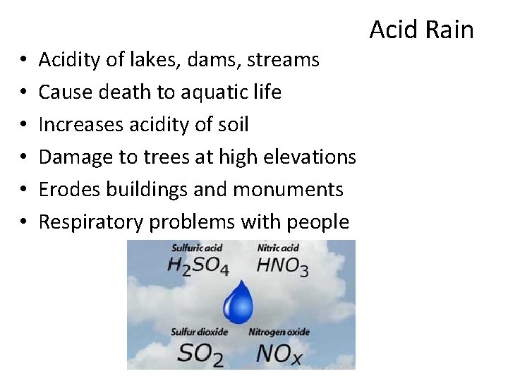  • • • Acidity of lakes, dams, streams Cause death to aquatic life