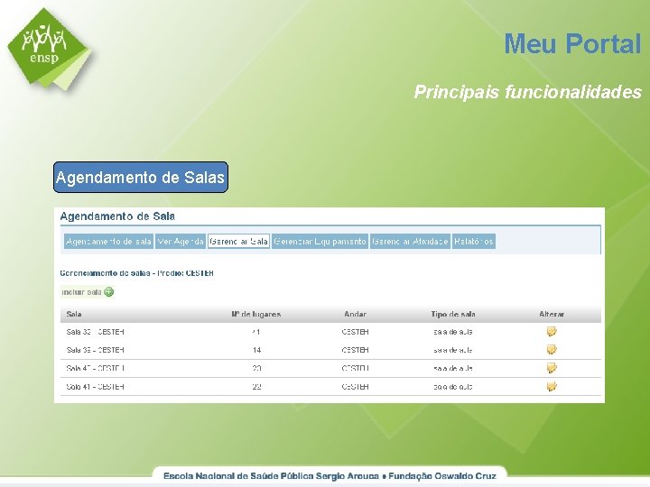 Meu Portal Principais funcionalidades Agendamento de Salas 