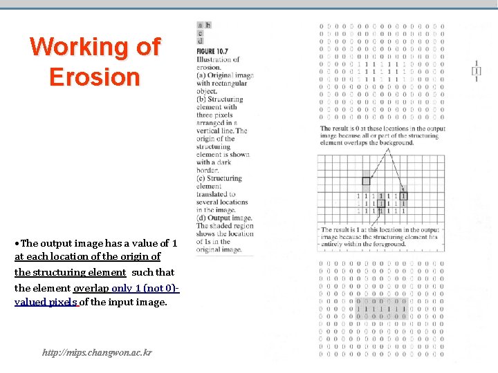 Working of Erosion • The output image has a value of 1 at each