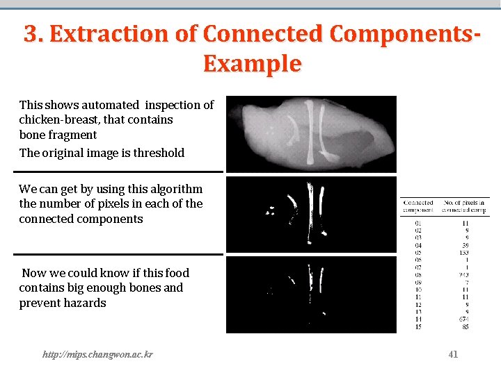 3. Extraction of Connected Components. Example This shows automated inspection of chicken-breast, that contains