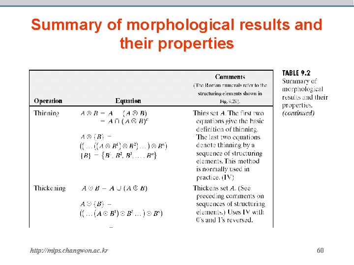 Summary of morphological results and their properties http: //mips. changwon. ac. kr 60 