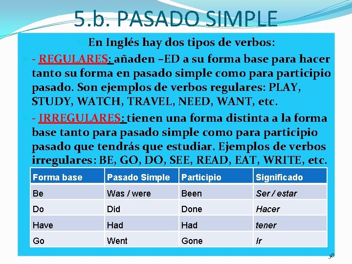 5. b. PASADO SIMPLE En Inglés hay dos tipos de verbos: Ø - REGULARES: