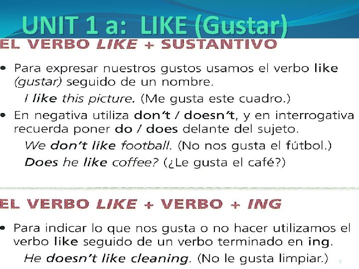 UNIT 1 a: LIKE (Gustar) 4 
