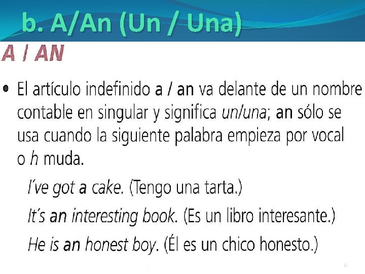 b. A/An (Un / Una) 6 