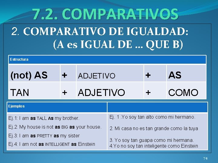 7. 2. COMPARATIVOS 2. COMPARATIVO DE IGUALDAD: (A es IGUAL DE … QUE B)