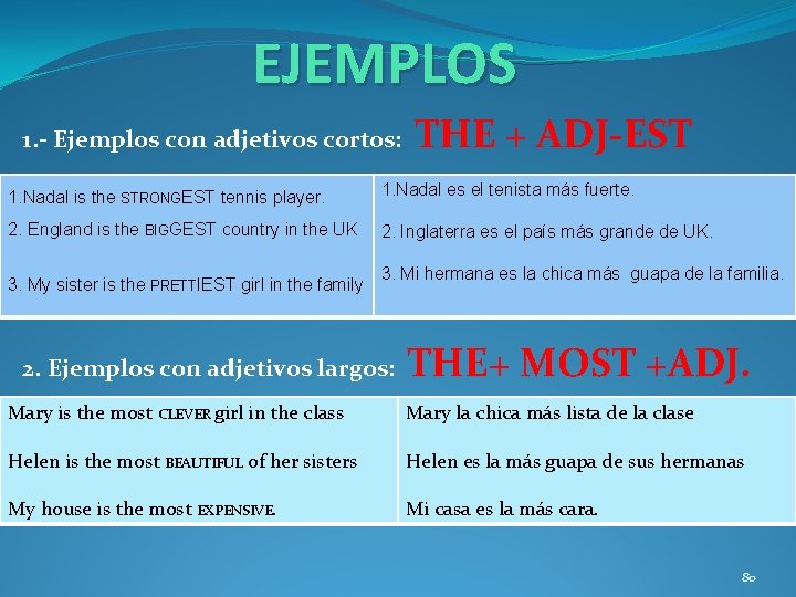 EJEMPLOS 1. - Ejemplos con adjetivos cortos: THE + ADJ-EST 1. Nadal is the