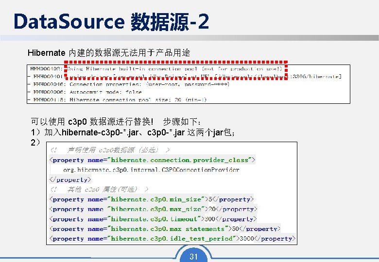 Data. Source 数据源-2 Hibernate 内建的数据源无法用于产品用途 可以使用 c 3 p 0 数据源进行替换! 步骤如下： 1）加入hibernate-c 3