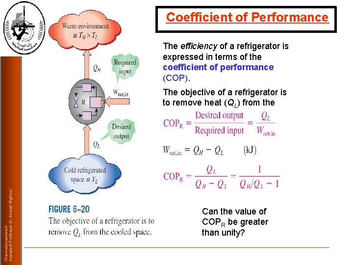 Coefficient of Performance The efficiency of a refrigerator is expressed in terms of the