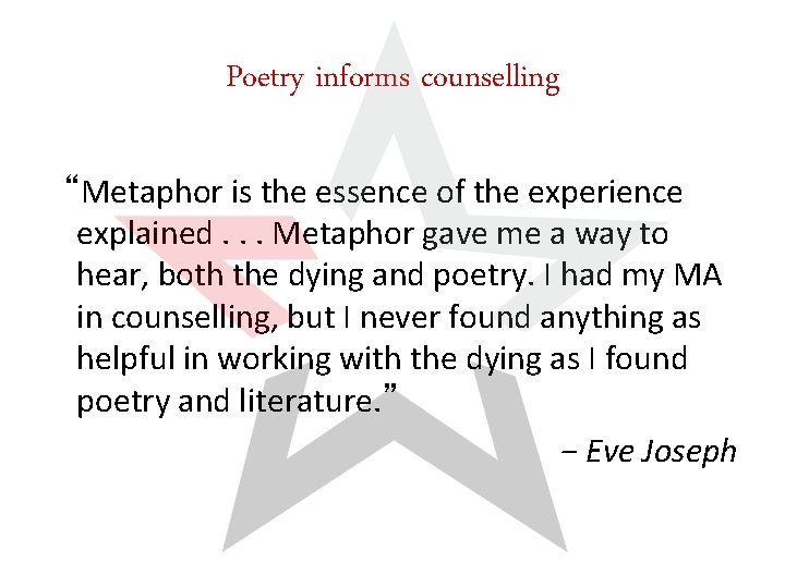 Poetry informs counselling “Metaphor is the essence of the experience explained. . . Metaphor