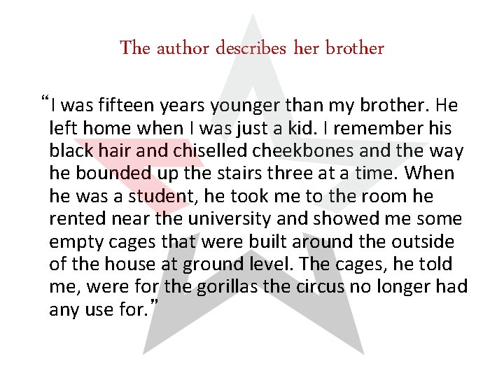 The author describes her brother “I was fifteen years younger than my brother. He