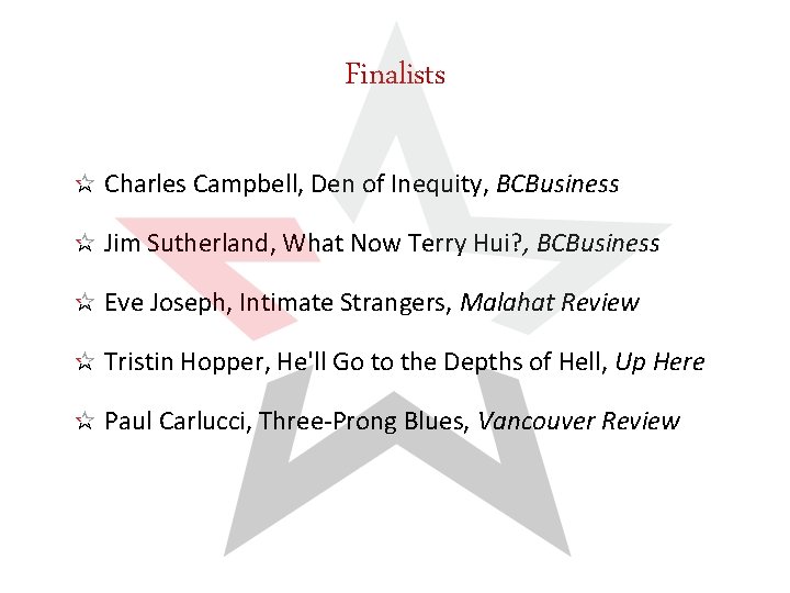 Finalists Charles Campbell, Den of Inequity, BCBusiness Jim Sutherland, What Now Terry Hui? ,