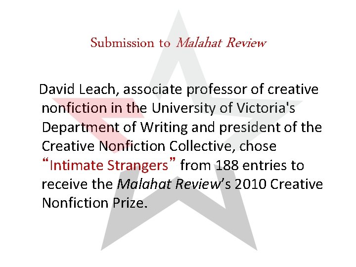 Submission to Malahat Review David Leach, associate professor of creative nonfiction in the University