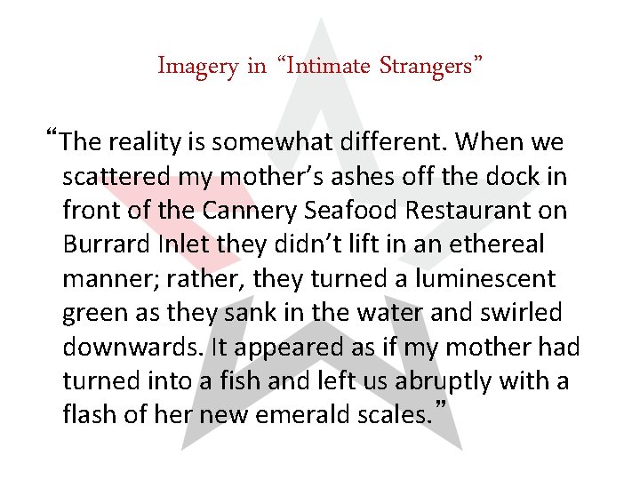 Imagery in “Intimate Strangers” “The reality is somewhat different. When we scattered my mother’s