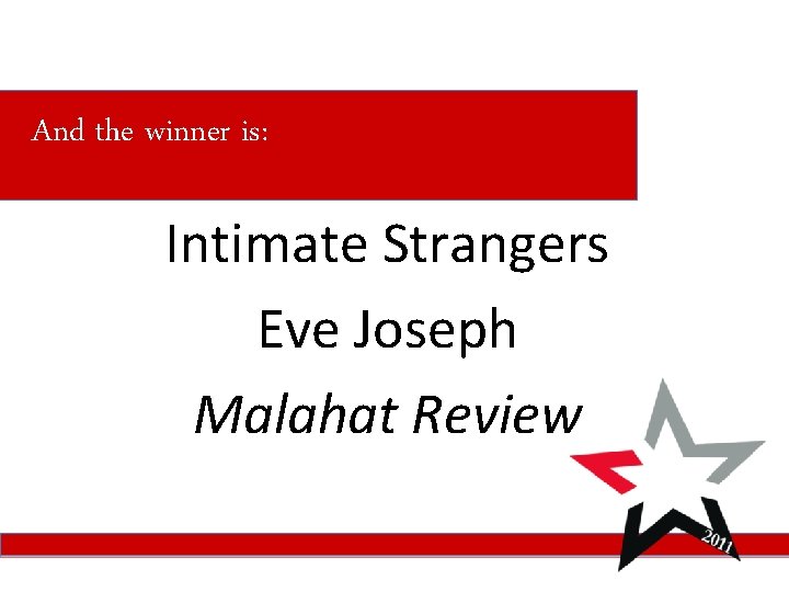 And the winner is: Intimate Strangers Eve Joseph Malahat Review 