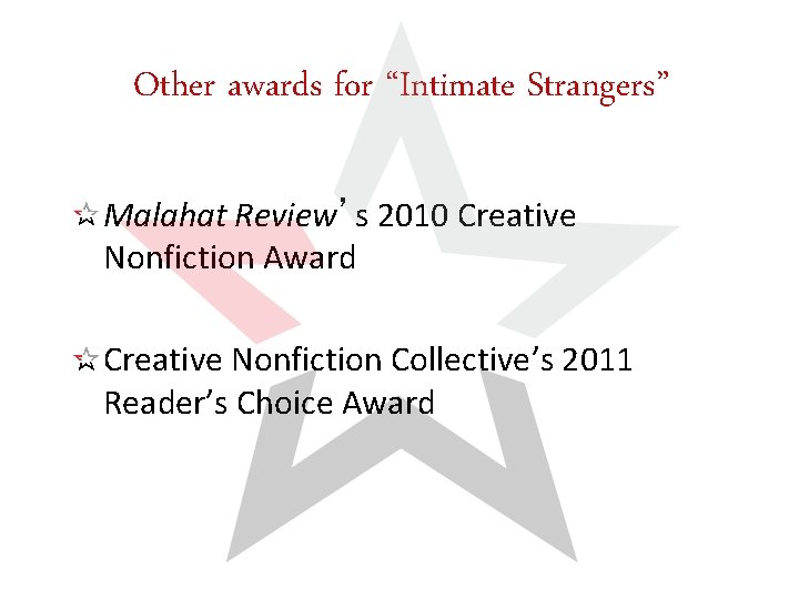 Other awards for “Intimate Strangers” Malahat Review’s 2010 Creative Nonfiction Award Creative Nonfiction Collective’s