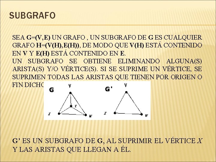 SUBGRAFO SEA G=(V, E) UN GRAFO , UN SUBGRAFO DE G ES CUALQUIER GRAFO SUBGRAFO SEA G=(V, E) UN GRAFO , UN SUBGRAFO DE G ES CUALQUIER GRAFO