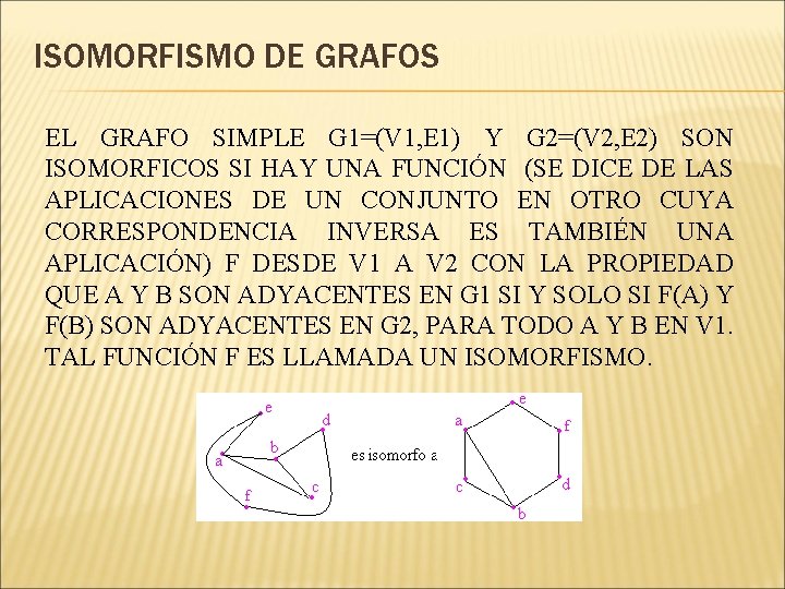 ISOMORFISMO DE GRAFOS EL GRAFO SIMPLE G 1=(V 1, E 1) Y G 2=(V ISOMORFISMO DE GRAFOS EL GRAFO SIMPLE G 1=(V 1, E 1) Y G 2=(V