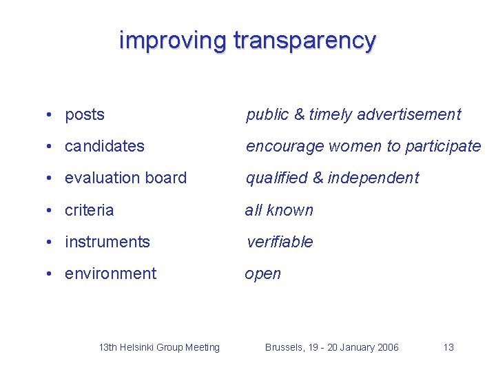 improving transparency • posts public & timely advertisement • candidates encourage women to participate