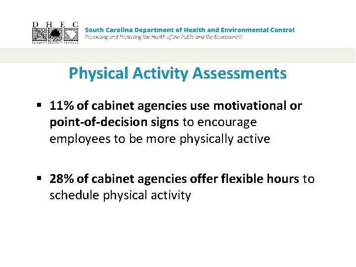 Physical Activity Assessments § 11% of cabinet agencies use motivational or point-of-decision signs to