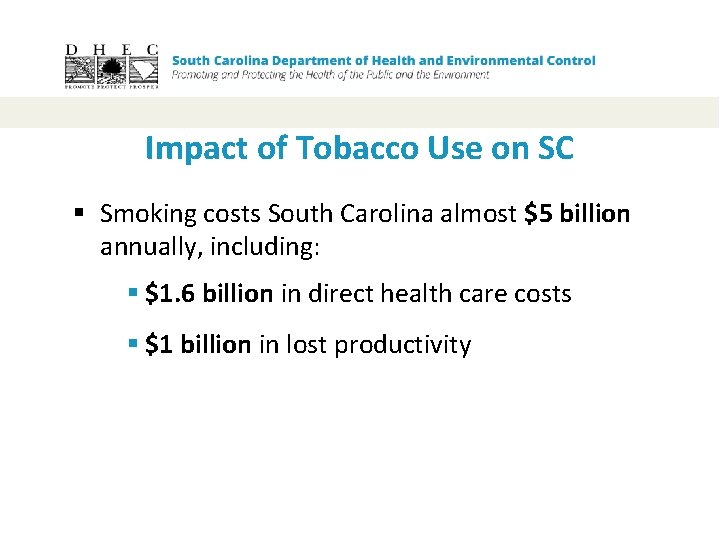 Impact of Tobacco Use on SC § Smoking costs South Carolina almost $5 billion