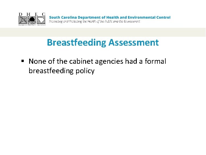 Breastfeeding Assessment § None of the cabinet agencies had a formal breastfeeding policy 