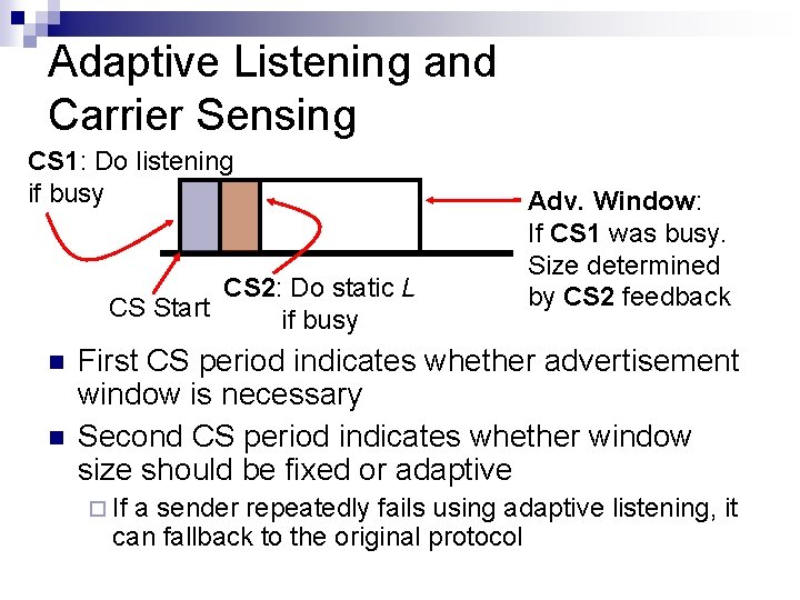 Adaptive Listening and Carrier Sensing CS 1: Do listening if busy CS 2: Do