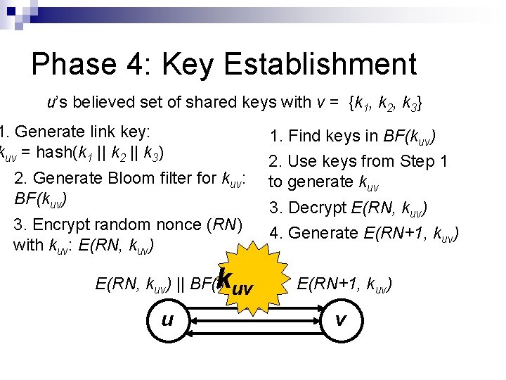 Phase 4: Key Establishment u’s believed set of shared keys with v = {k