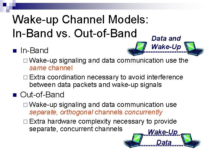 Wake-up Channel Models: In-Band vs. Out-of-Band Data and In-Band Wake-Up Wake-up signaling and data