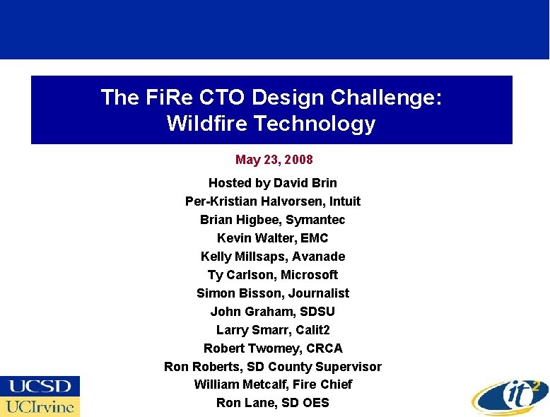 The Fi. Re CTO Design Challenge: Wildfire Technology May 23, 2008 Hosted by David
