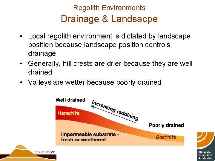 Regolith Environments Drainage & Landsacpe • Local regolith environment is dictated by landscape position